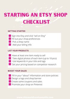 a checklist with the words starting an etsy shop checklist written below it