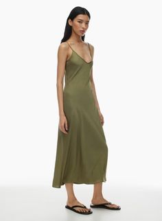 NEW ONLY SLIP SATIN MAXI DRESS | Aritzia Olive Dress, Olive Green Dresses, Geometric Print Dress, Midi Slip Dress, Satin Maxi Dress, Banana Republic Factory, Satin Midi Dress, Green Midi Dress, Banana Republic Dress