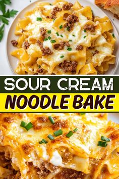 two pictures with different types of food and the words soup cream noodle bake