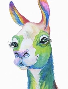 a drawing of a llama with multicolored hair and blue eyes is shown