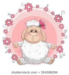 a cute sheep with flowers on a pink background