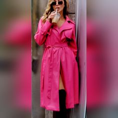 Hot Pink Vegan Leather Belted Trench Coat. Nwt Sz Small (U.S. Sz 4/6). Smooth Faux Leather, Suede Inside & Viscose Lining, Trench Length 45 Inches, Sleevelength 18.5 Inches, Double Breastfed, Belted, 2 Slit Pockets. Handwash. Wind & Rain Resistant. Made By Gepur Designs Faux Leather Trench Coat, Leather Trench, Belted Trench Coat, Leather Trench Coat, Chic Outfits, Vegan Leather, Trench Coat, Hot Pink, Faux Leather