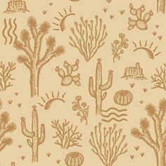 a desert scene with cactuses, cacti and other plants on a beige background