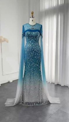 Luxury Ombre Wedding Dress, Purple And Teal Ombre Wedding Dress, Luxury Sequin Dress With Cape Sleeves, Luxury Blue Dress With Cape Sleeves, Luxury Pre-draped Evening Dress With Cape Sleeves, Custom Flower Girl Dress, Yellow Evening Dresses, Silver Evening Dress, Grey Evening Dresses