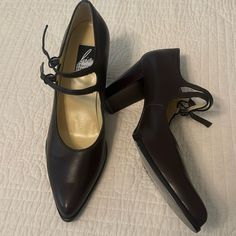 Never Been Worn. Brown Leather. Leather Lining. Great For Work, Brunch, Elegant With Maxi Dress. Very Comfortable. Leather Court Shoes With Wrapped Heel For Business, Business Leather Court Shoes With Wrapped Heel, Leather Court Shoes With Wrapped Heel And Almond Toe, Leather Mary Jane Shoes, Visual Archive, Charles Jourdan, Leather Mary Janes, Jane Shoes, Mary Jane Shoes