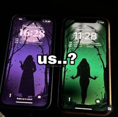 two cell phones with the words us? and an image of a woman holding her hands out