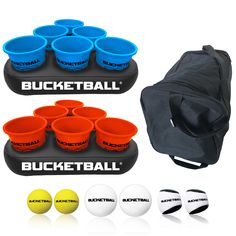 an assortment of buckets and balls with backpack