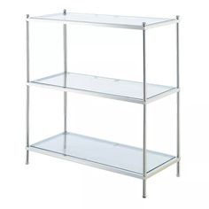 three tiered shelf with clear glass shelves on each side and metal legs, in front of white background