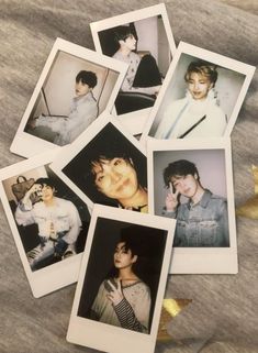 six polaroid photos of the same person on a bed with gold ribbon around them