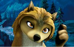 an animated wolf with big orange eyes pointing at something in front of him and trees behind it