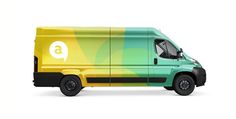 a green and yellow van with the letter g on it