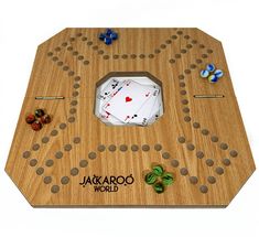 PRICES MAY VARY. Jackaroo: A popular 2-4 player board game for all ages. It's played using its own uniquely designed wooden board with regular cards and marbles. The goal of the game is for players to move their marbles around the board to reach the safety zone by using their cards in hand. It's a light and simple strategy game that provides enjoyable moments and strengthens the bonds between friends and family. Oak Jackaroo: It's crafted from naturally occurring wood with a blend of colors rang Pegs And Jokers, Custom Monopoly, Game Wood, Board Game Template, Board Game Pieces, Marble Games, Marble Board, Joker Game, Wooden Games