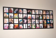 a large group of photos hanging on the wall