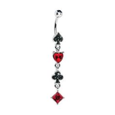 a red and black dangling belly bar with four hearts on the bottom, surrounded by diamonds