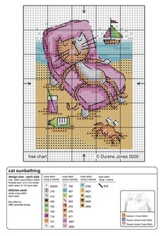 a cross stitch pattern with an image of a cat in a chair on the beach