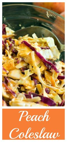 a bowl filled with coleslaw next to an orange background