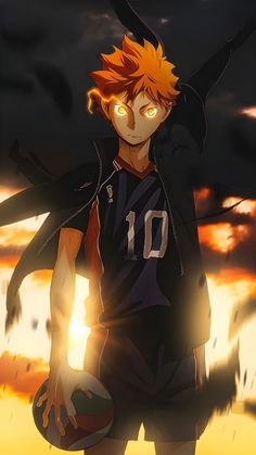 an anime character with orange hair holding a football in front of the sun and clouds