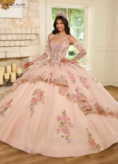 Enjoy your evening in this embroidered floral applique long sleeveless puff sleeve dress with A-line skirt by Rachel Allan RQ2182. Be the belle of your quinceanera in this spectacular glitter tulle ballgown! Perfect for a modern princess, this dress features applique and beading, as well as a cold shoulder neckline with detachable tulle sleeves to ensure that you make a statement. The scoop lace-up back gives this dress a flattering fit, while a bow detail at the waist creates a finishing touch Pink Floral Quinceanera Dress, Pink 15 Dresses Quinceanera, Quinceanera Floor-length Floral Dresses, Floral Embroidered Ball Gown For Quinceanera, Pink Gown With Floral Applique For Debutante Ball, Detachable Tulle Sleeves, Pink Ball Gown With Floral Applique, Pink Quinceanera, Tulle Applique