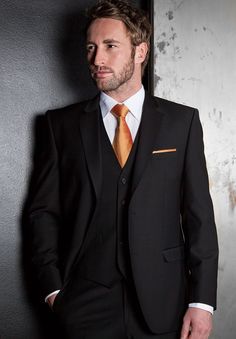 Burnt orange tie & pocket square! || Slaters Formal Wedding Hire Suits Collection Men Suits Wedding, All Black Suit, Prom Blazers, Orange Suit, Black Suit Wedding, Suit Pin, Black Tux, Orange Tie, Groomsmen Suits