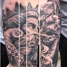 a man's half sleeve with an octopus and ship on it