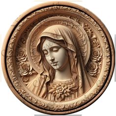 an image of the virgin mary with flowers on it's face in a circular frame