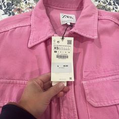 Nwt Oversized Women’s Pink Jean Jacket Trendy Zara Shacket For Spring, Zara Casual Spring Shacket, Zara Casual Shacket For Spring, Casual Zara Shacket For Spring, Trendy Spring Utility Jacket By Zara, Pink Jean Jacket, Oversize Women, Pink Jeans, Zara Jackets