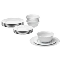 a set of white plates and bowls with black rims on the bottom one is empty