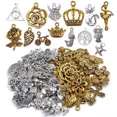 many different types of charms and pendants on a white background with one being gold, the other is silver