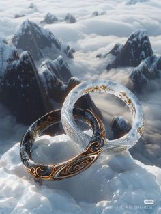 two gold and silver rings sitting on top of snow covered ground with mountains in the background