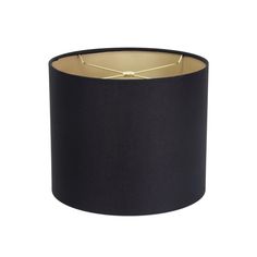 a black lampshade with gold trim and a white light on the bottom side