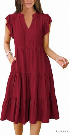 Lasaky - Chic and Elegant Maxi Dress with Lotus Leaf Trim Sleeves and Collar - Perfect for Casual and Stylish Beach Outings Fall Party Outfit, Best Business Casual Outfits, Fall Attire, Elegant Maxi Dress, Elegant Fall, Shirts For Leggings, Chic And Elegant, Lotus Leaf, V Neck Midi Dress