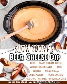 an advertisement for slow cooker beer cheese dip on a table with nuts and bread