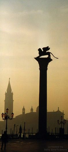 a clock tower in the middle of a city with tall buildings behind it and a cat statue on top