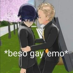 two people in suits standing next to each other with the caption beso gay emo