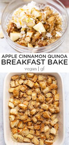 an apple cinnamon quinoa breakfast bake is shown in two separate dishes, one with