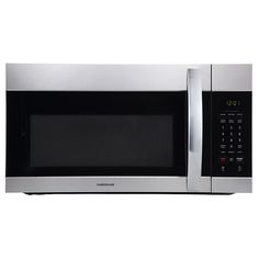 a stainless steel microwave oven with the door open and digital display on it's side