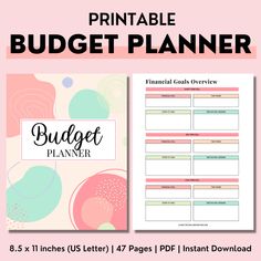 the printable budget planner is shown in pink, green and blue with text overlay