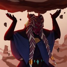 an animated image of a demon holding his hands up in the air with one hand