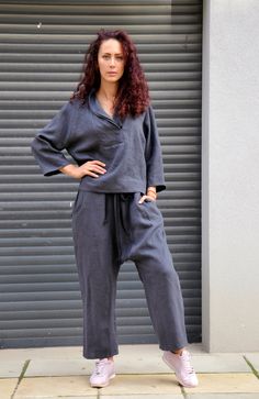 "Harem Pants, Linen Pants, Wide Leg Pants The pants are made of linen, elastic belt . There is also a rope belt that additionally fastens at the waist. There are pockets on the front and back. The linen is heavy and for this reason the pants fit very well on the figure. You will not go wrong with these pants, it will bring you a lot of comfort. Easy to combine. A wonderful and convenient product. The pants go with the belt. Model wearring size S Heigth 178- 5\"7 Color : Dark gray The style was o Pants Comfy, Pants Linen, Drop Crotch Pants, Pants Plus Size, Linen Clothing, Pants Loose, Wide Leg Linen Pants, Linen Maxi Dress, White Jumpsuit