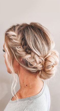 Updo For Layered Hair Long, Double Braid Updo Wedding, Restaurant Updo, Plait Upstyles, Updo For Ball, Faux Braid Updo, Casual Wedding Updo, Braided Updo With Bangs, Braided Messy Bun Hairstyles