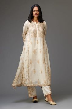 Buy Off White Kurta And Dupatta Cotton Chanderi Sequin A-line Set For Women by Kora Online at Aza Fashions. Kurta And Dupatta, Gota Embroidery, White Kurta, A Line Kurta, Pattern Embroidery, Kurta Set, Straight Pants, Set For Women, Aza Fashion