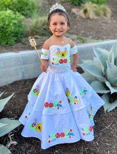 This beautiful dress resembles the escaramuza girls from Mexico. It is also calle charro dress. Is it beautiful, the detail on it is a work of art. All the embroidery is specially designed. I choose this colors because that how the customer wanted, but keep in mind it is made by order. That meant I can customize it however you want. Any color you choose I'll be happy to make it perfect for you. The dress is one piece but I also include a tulle underskirt to make it full but confortable I case th White Princess Dress For Quinceanera, Princess Style White Quinceanera Dress, Fitted Party Dress For Day Of The Dead, Fiesta Dresses With Ruffles, Ruffled Dresses For Fiesta, White Dresses For Cinco De Mayo Fiesta, Escaramuza Dresses, Charro Dress, Mexican Theme Party