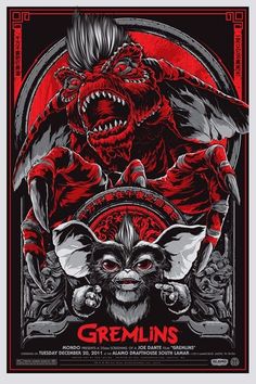 a poster for the movie gremlin's, featuring an evil creature with large teeth