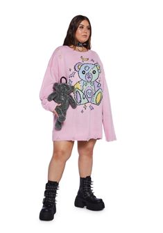 This sweater has a stretchy knit construction, an embroidered monster teddy on the front with button eyes, stitched detailing, a distressed design, and an oversized fit. Plus Size Pastel Goth, Goth Plus Size, Zombie Monster, Plus Size Costumes, Windsor Smith, Button Eyes, Pride Outfit, Plus Size Halloween, Costume Store