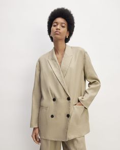 Meet the Linen Double Breasted Blazer. This piece features a relaxed fit, double breasted, half lined, button closure, and front welt pockets, in linen. French Inspired Fashion, Curve Jeans, Long Trench Coat, Ribbed Midi Dress, Breasted Blazer, Capped Sleeve Dress, Linen Trousers, Plaid Blazer, Double Breasted Blazer