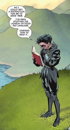 a comic character is reading a book in the grass with mountains and water behind him