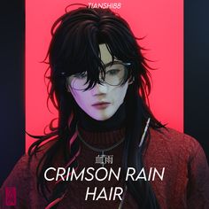 a woman with long black hair and glasses in front of a red background that reads crimson rain hair