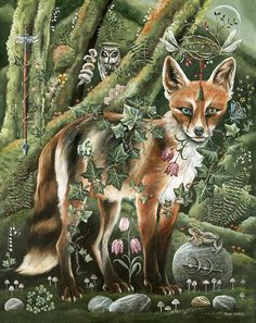 a painting of a fox and other animals in a forest with trees, rocks and plants