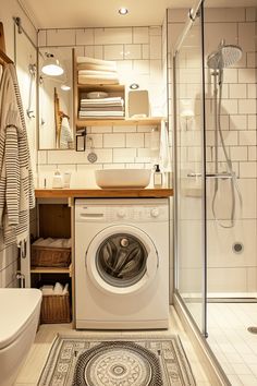 a washer and dryer in a bathroom with white tiles on the floor,