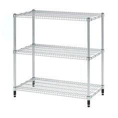 chrome steel shelving unit with three shelves